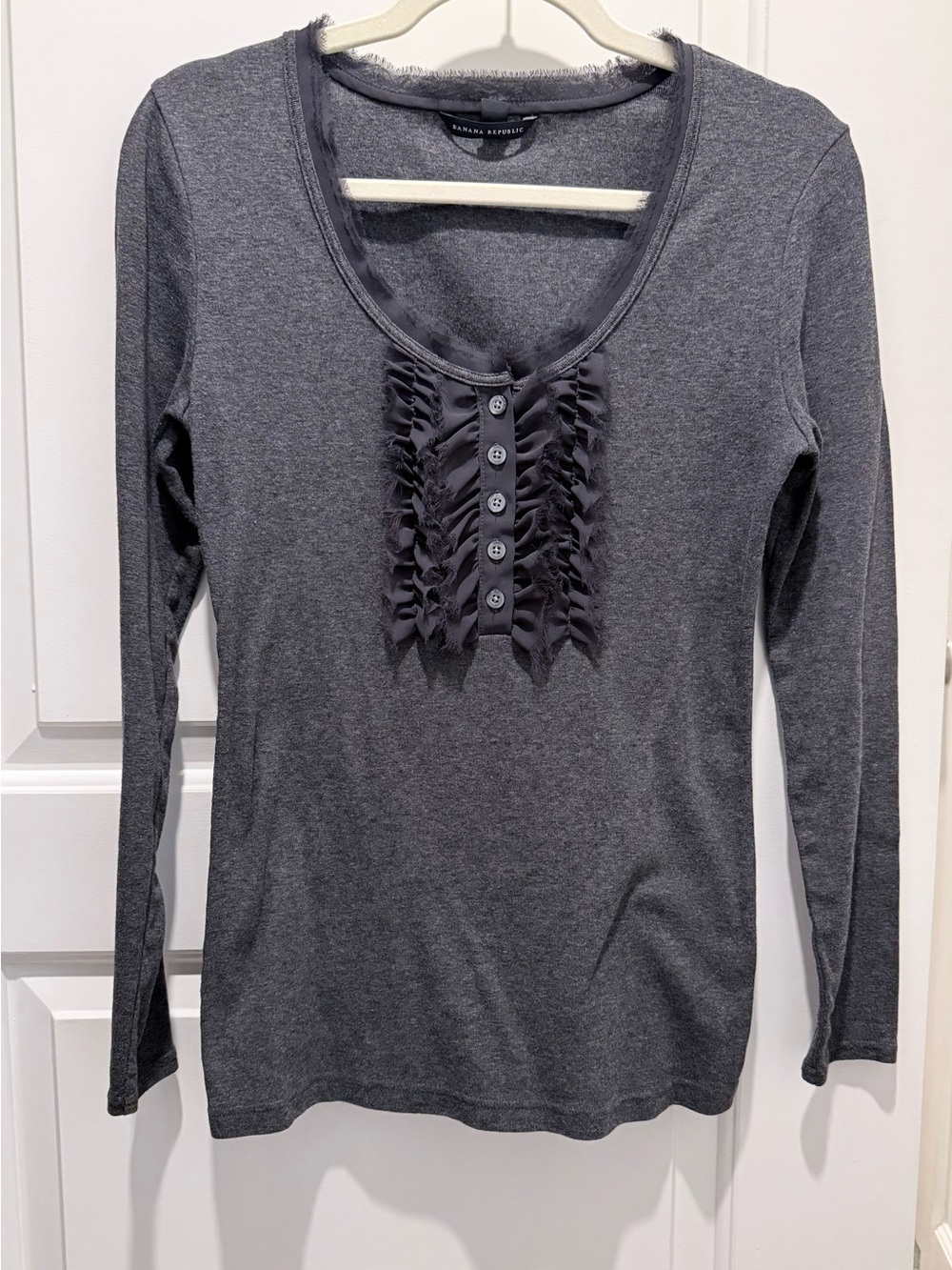 Banana Republic Charcoal Gray Long Sleeve Ruffle-Front Tee